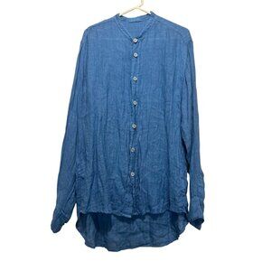 CP Shades Linen Button Down Top Tunic Womens Medium Blue Long Sleeve Coastal